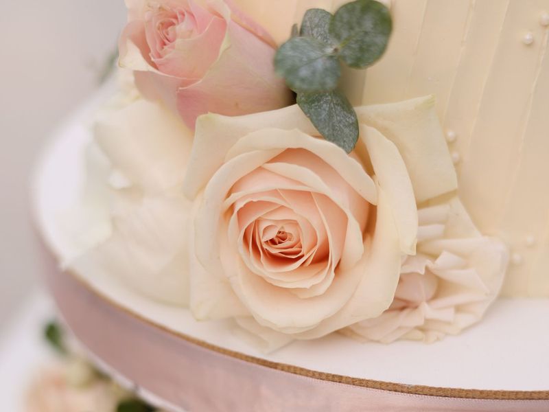 Buttercremetorte mit cremefarbenen und rosafarbenen Rosen und Eukalyptus